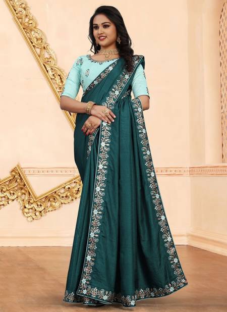 Rama Colour Stylish Designer Party Wear Silk Embroidery With Stone Work Saree Collection Svarna1005